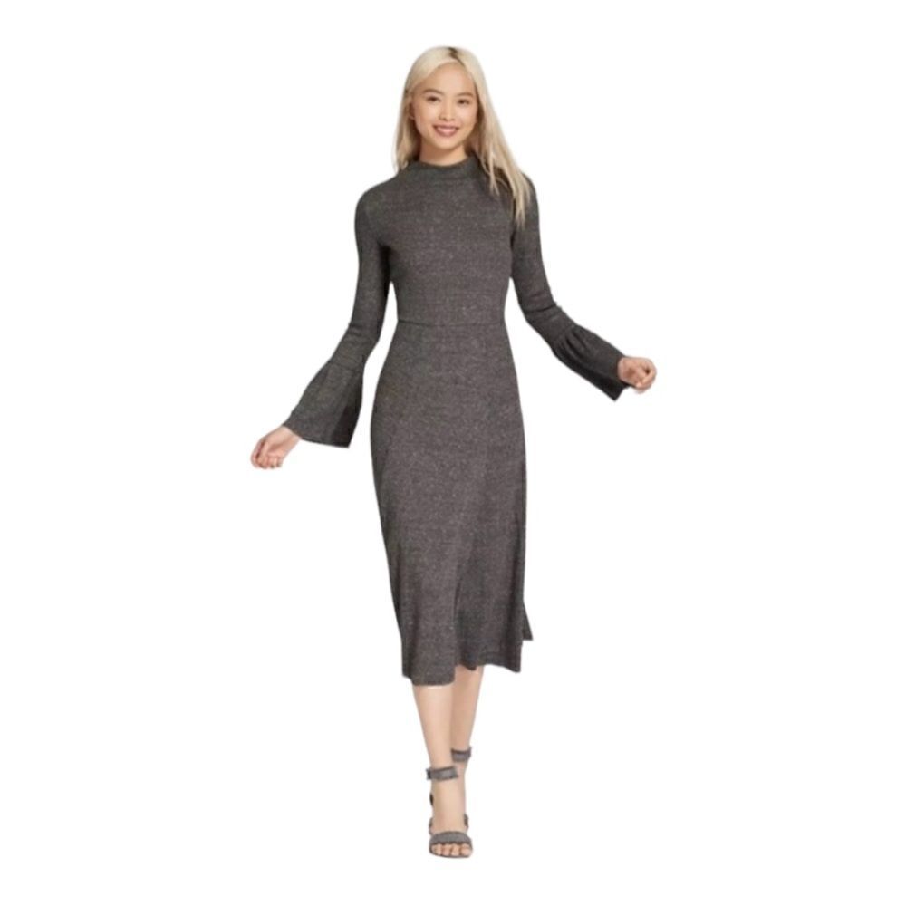 Who What Wear Gray Mock Neck Bell Sleeve Ribbed Knit Midi Sweater Dress SZ XS